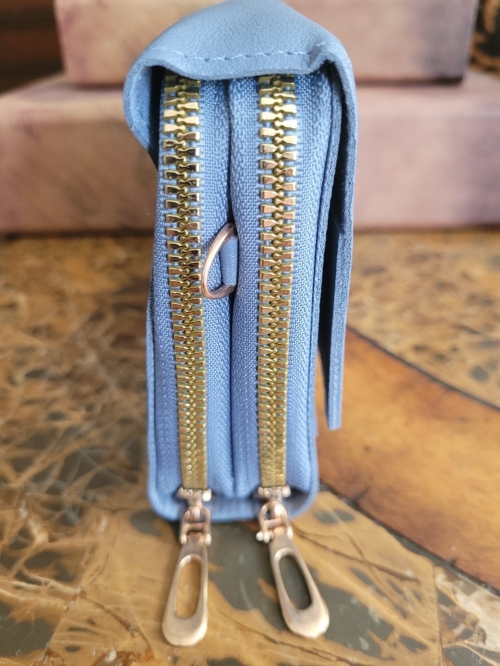 Light Blue Faux Leather Wallet with Gold Accent - Picture 4 of 8